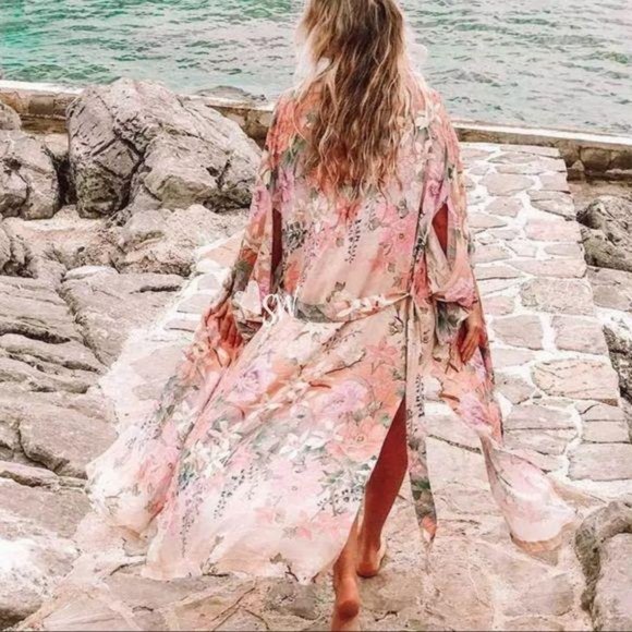 Boho Floral Print Maxi Duster Kimono Coverup - Picture 6 of 11